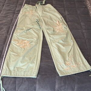 Pilcro Light Green Cargo Pants with Embroidered flowers. Drawstring ankle.